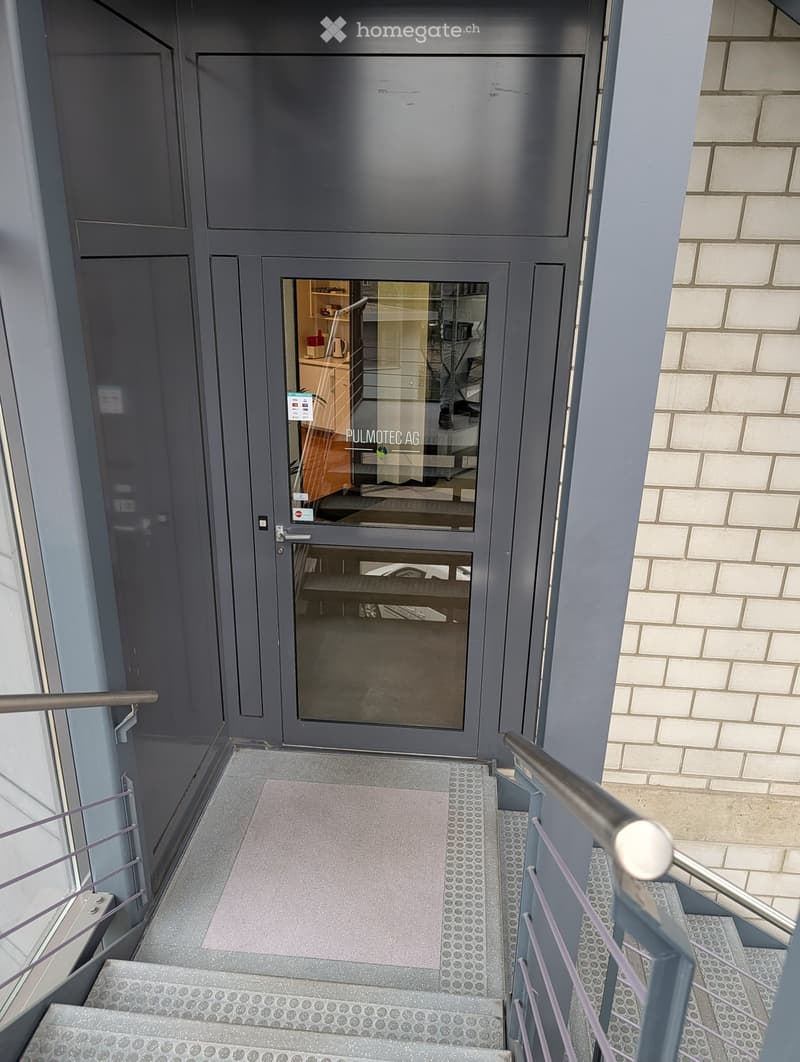 Staircase leading to a glass door entrance with a small landing area, metal railings, and a gray carpeted step.