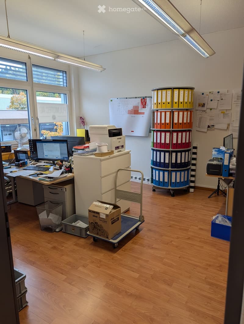 Office space with wooden flooring, large windows, desk with computer, printer, file cabinet, and a cart with boxes.