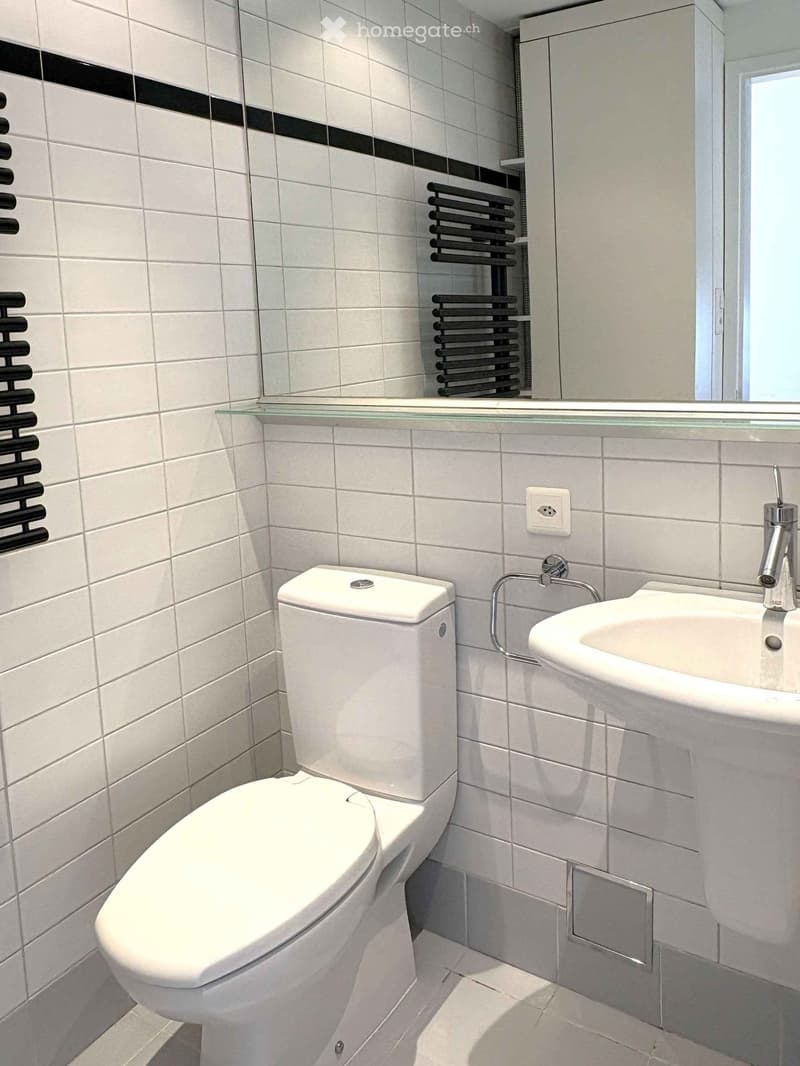 Modern bathroom with white tiles, a toilet, a sink with a chrome faucet, a mirror, and a radiator.