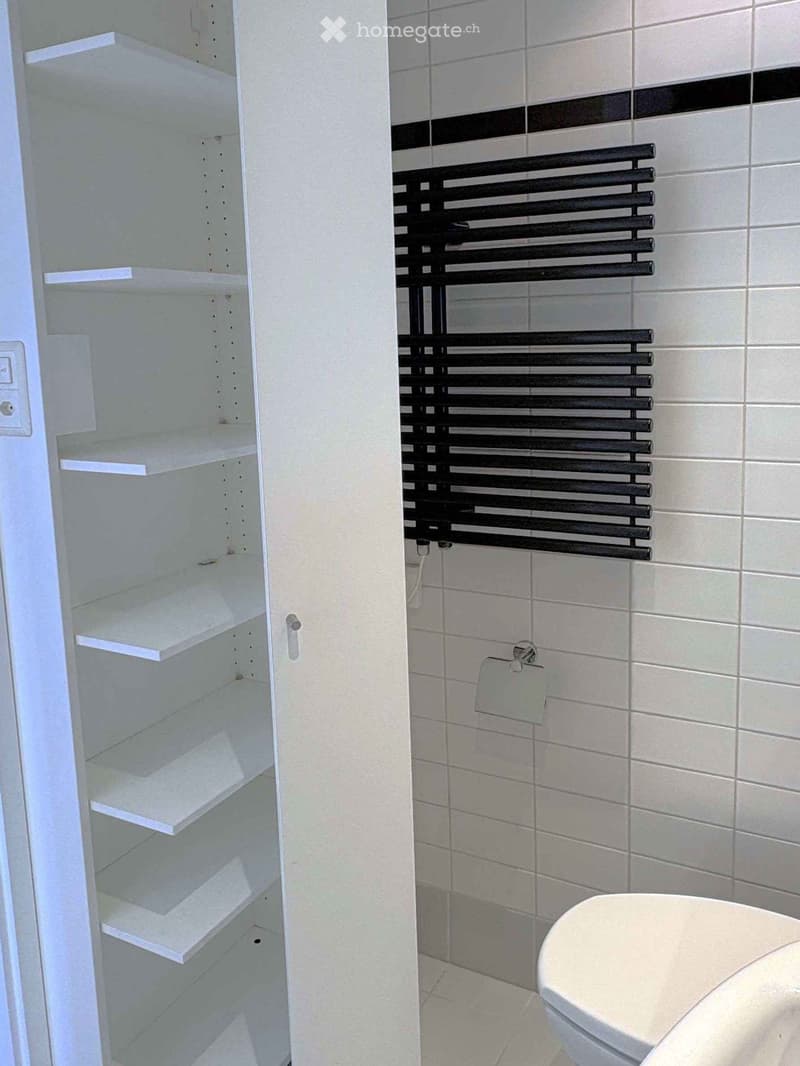 Modern bathroom with white tiled walls, a black towel rack, and built-in glass shelves in the shower area.