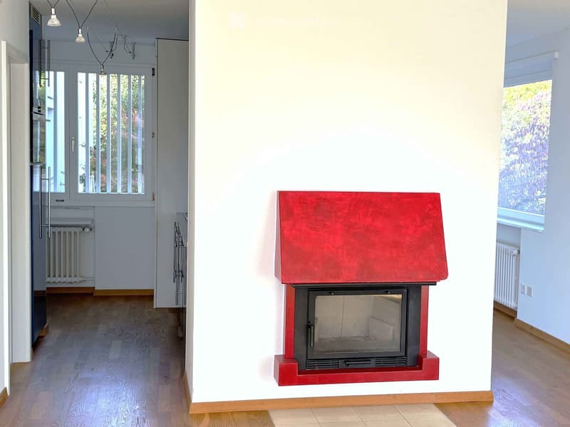 Bright hallway with wooden flooring, white walls, and a red fireplace with a glass door. Natural light streams in from windows on both sides.