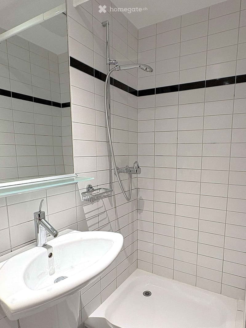 Modern bathroom with white tiled walls, a corner bathtub, a sink with a chrome faucet, a glass shelf, and a showerhead with a handheld sprayer.