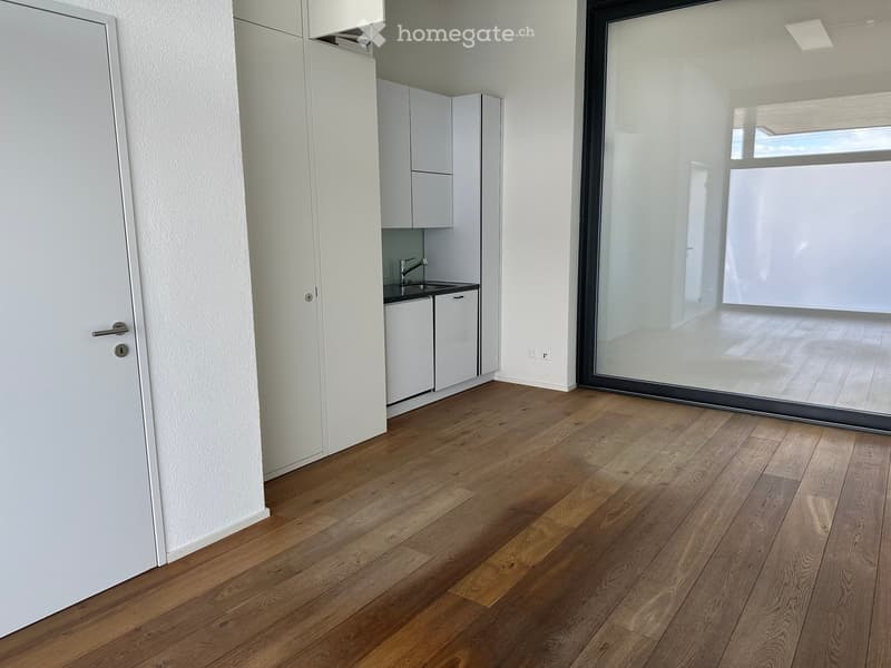 Empty room with wooden flooring, white walls, and a small kitchenette area with cabinets and a sink. A large glass door leads to an outdoor space.