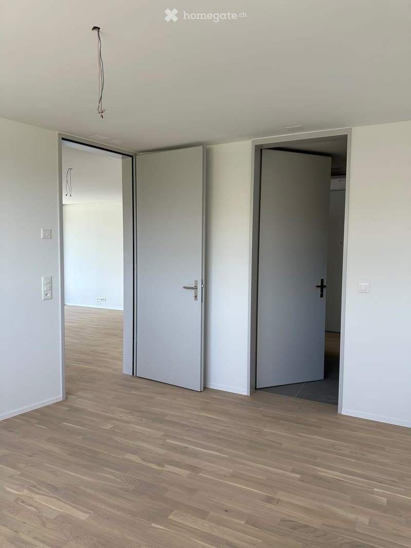 Empty room with light wooden flooring and white walls, featuring two closed doors leading to other spaces.