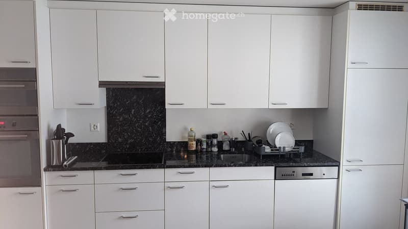 Modern kitchen with white cabinets, granite countertop, stainless steel oven, dishwasher, and various kitchen items on the counter.