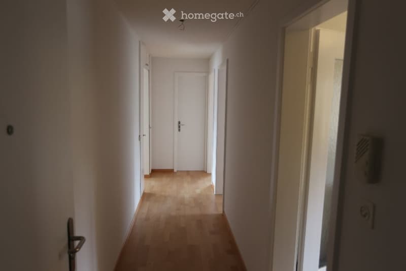 A narrow hallway with wooden flooring, white walls, and several doors leading to different rooms.