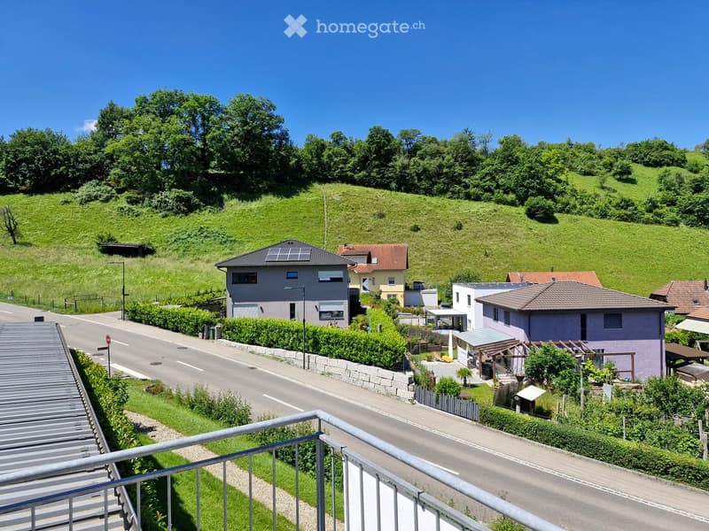 A scenic view from a balcony overlooking a suburban neighborhood with houses, a road, and a green hillside.