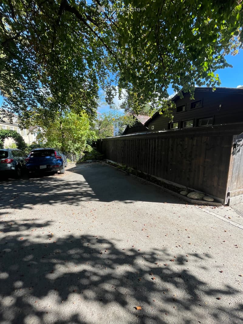Driveway with two parked cars, surrounded by trees and a wooden fence, with a house visible in the background.