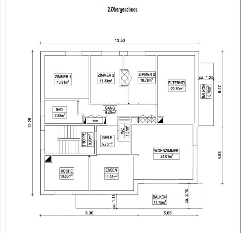 Second-floor floor plan showing living room, kitchen, dining area, three bedrooms, bathroom, hallway, and two balconies.