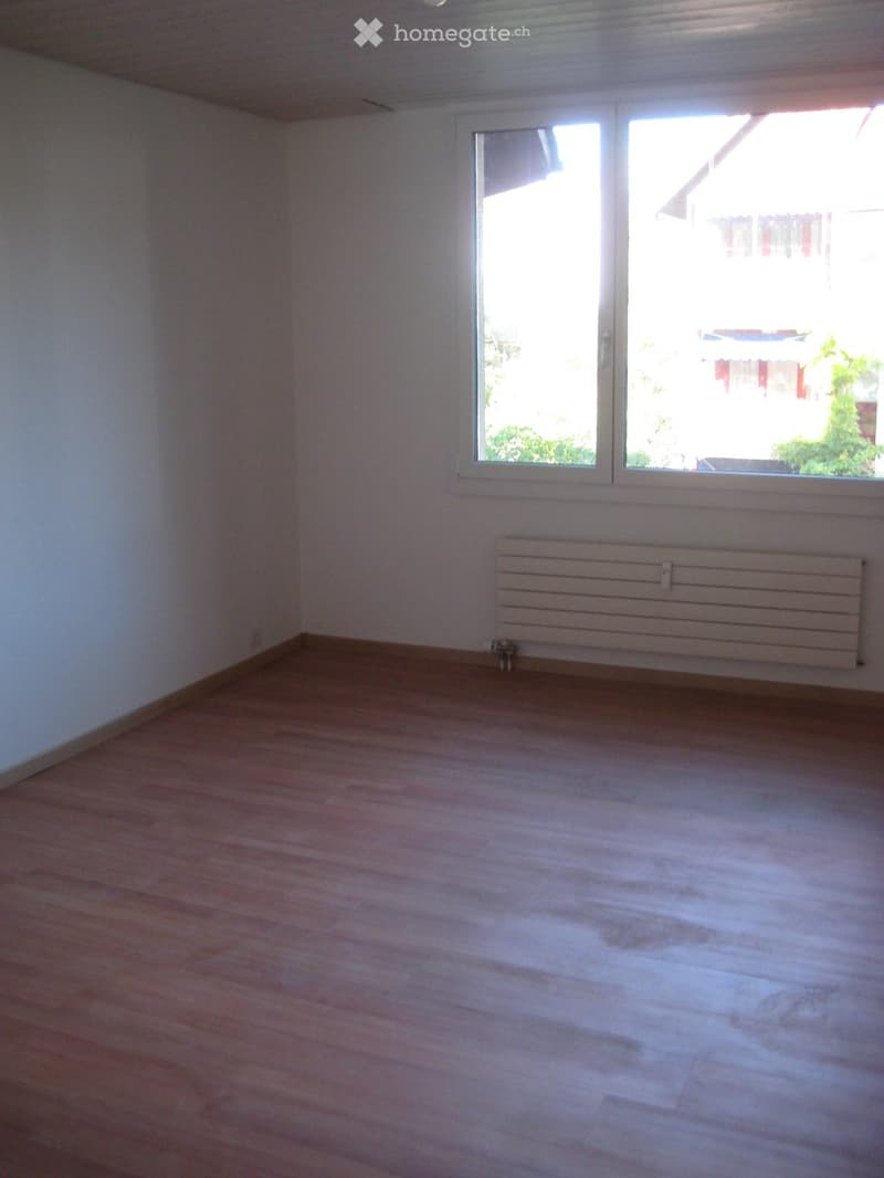 Empty room with wooden flooring, white walls, a large window with blinds, and a radiator under the window.