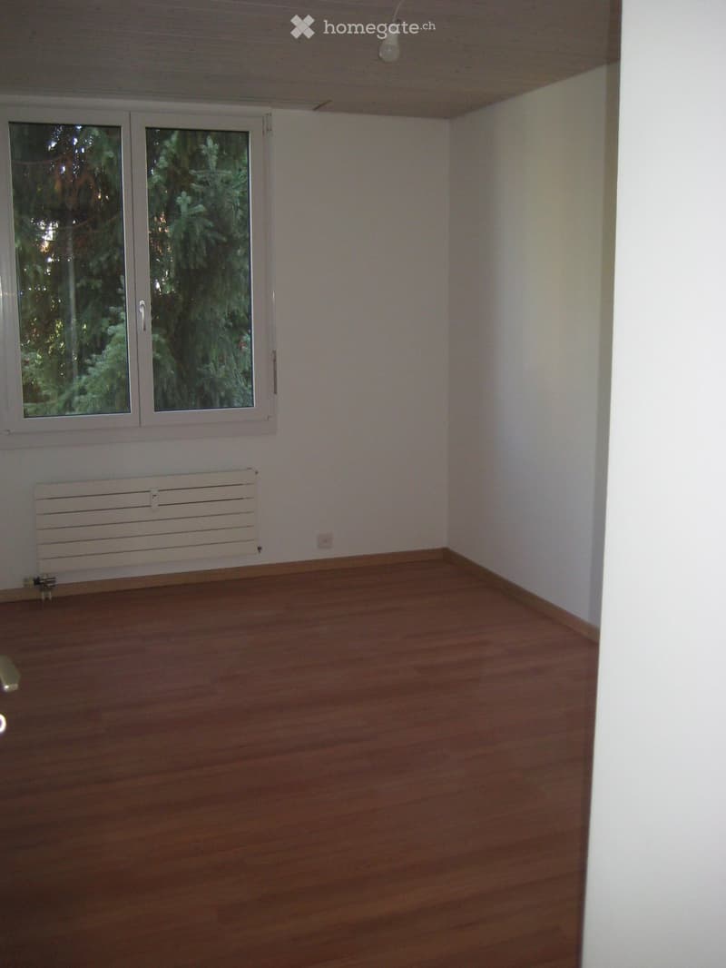 Empty room with wooden flooring, white walls, and large windows showing greenery outside. No furniture or equipment present.