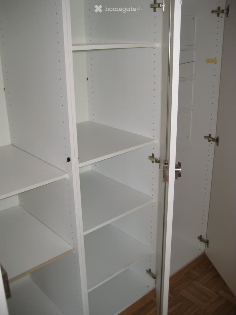 Empty white closet with multiple shelves and a wooden floor visible in the background.