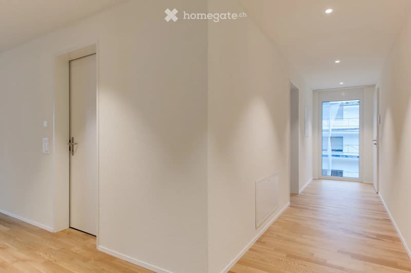 A clean, modern hallway with light wooden flooring, white walls, and a closed door on the left leading to another room. A glass door at the end provides a view of an outdoor area.