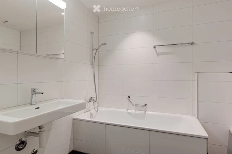 Modern bathroom with white tiles, a sink with a chrome faucet, a bathtub with a handheld showerhead, a large mirror, and a handrail for safety.