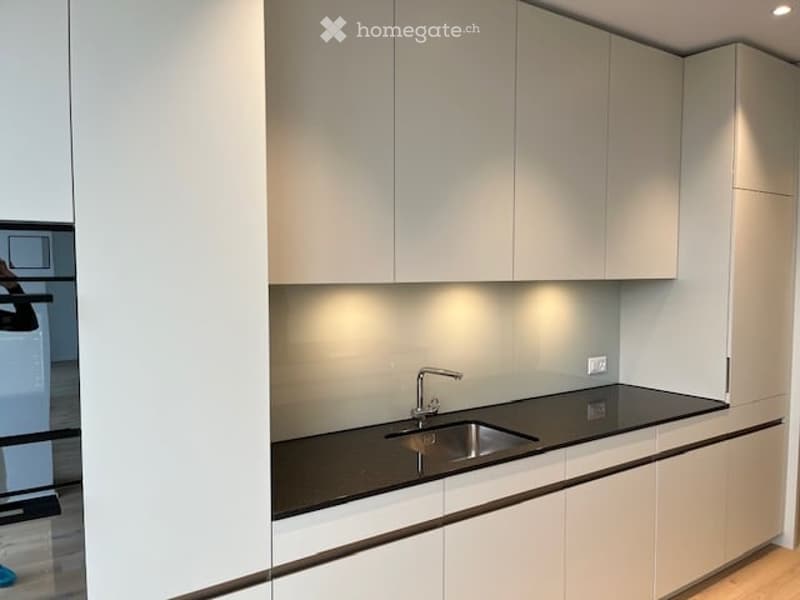 Modern kitchen with white cabinets, black countertop, and a stainless steel sink.