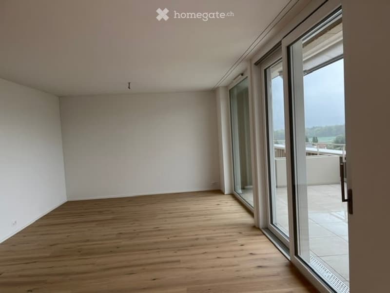 Empty room with wooden flooring, large glass sliding doors leading to a balcony or terrace, white walls, and bright natural light.