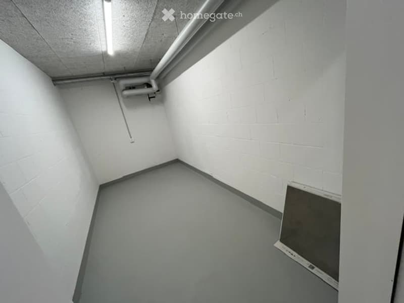 Empty room with white brick walls, grey concrete floor, and exposed pipes and lighting fixtures on the ceiling.