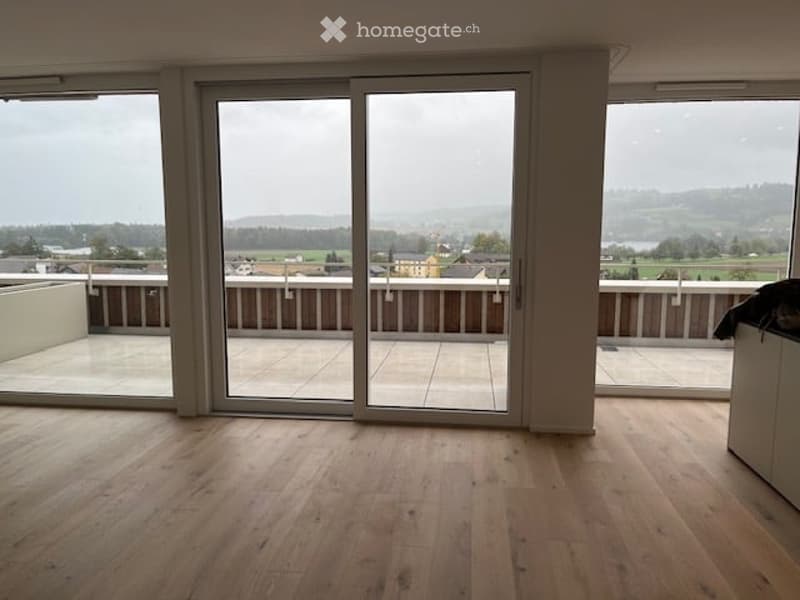 Bright, unfurnished room with large sliding glass doors opening to a balcony, wooden flooring, and scenic view of a landscape.