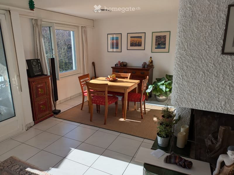 Dining area with a wooden table, six chairs, cabinets, a plant, and a candle on a shelf.