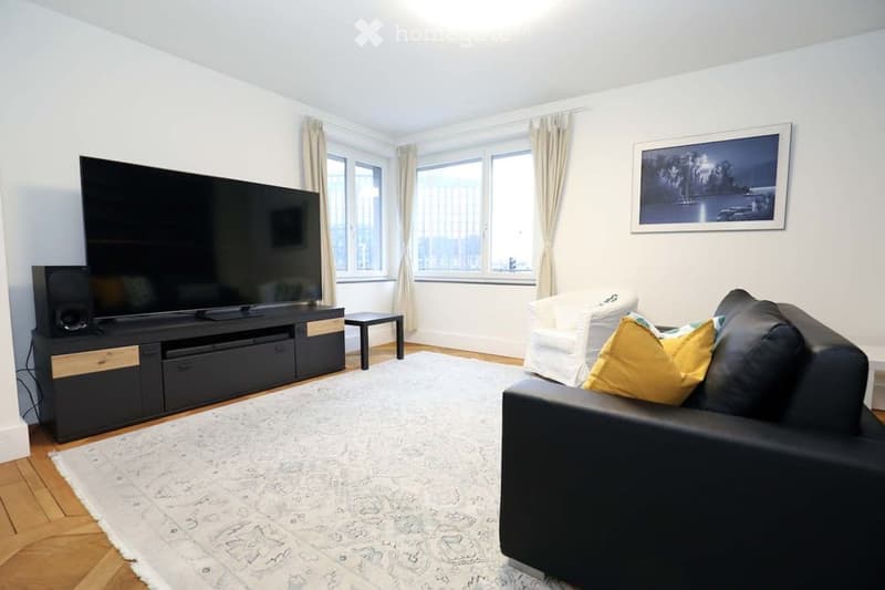 Modern living room, large windows, grey sofa, coffee tables, armchairs, TV.