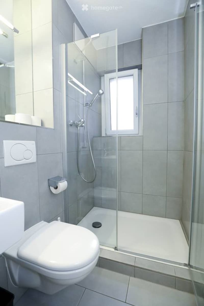 Modern bathroom with a white toilet, glass-enclosed shower, and a small window for natural light. The walls are tiled in a light grey color, and there is a mirror above the toilet.