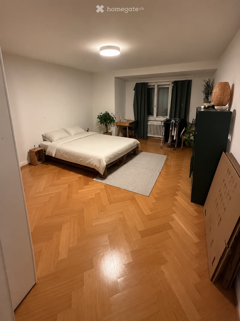 Cozy bedroom with wooden herringbone flooring, a double bed with white bedding, a nightstand, a desk with a chair, a wardrobe, and a small plant near the window.