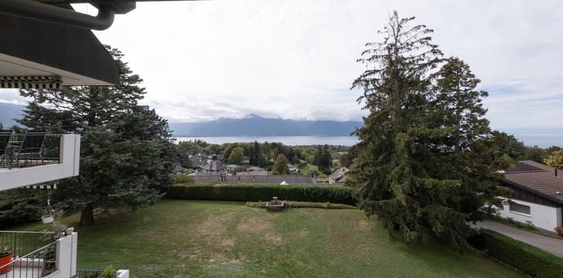 Garden with a view of a lake and mountains, featuring trees, a small table, and a balcony with chairs.