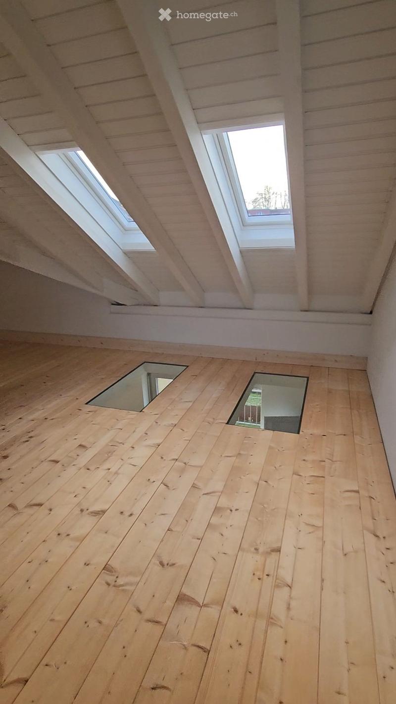 An empty attic space with wooden plank flooring and exposed wooden beams. Two skylights and two mirrored surfaces are visible on the walls.