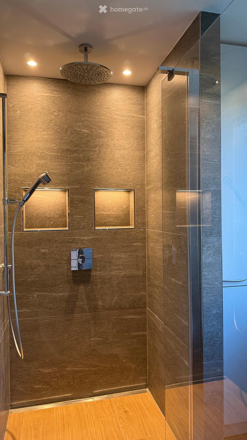 Modern shower area with wooden tiled walls, a glass enclosure, and a handheld showerhead with a control valve.
