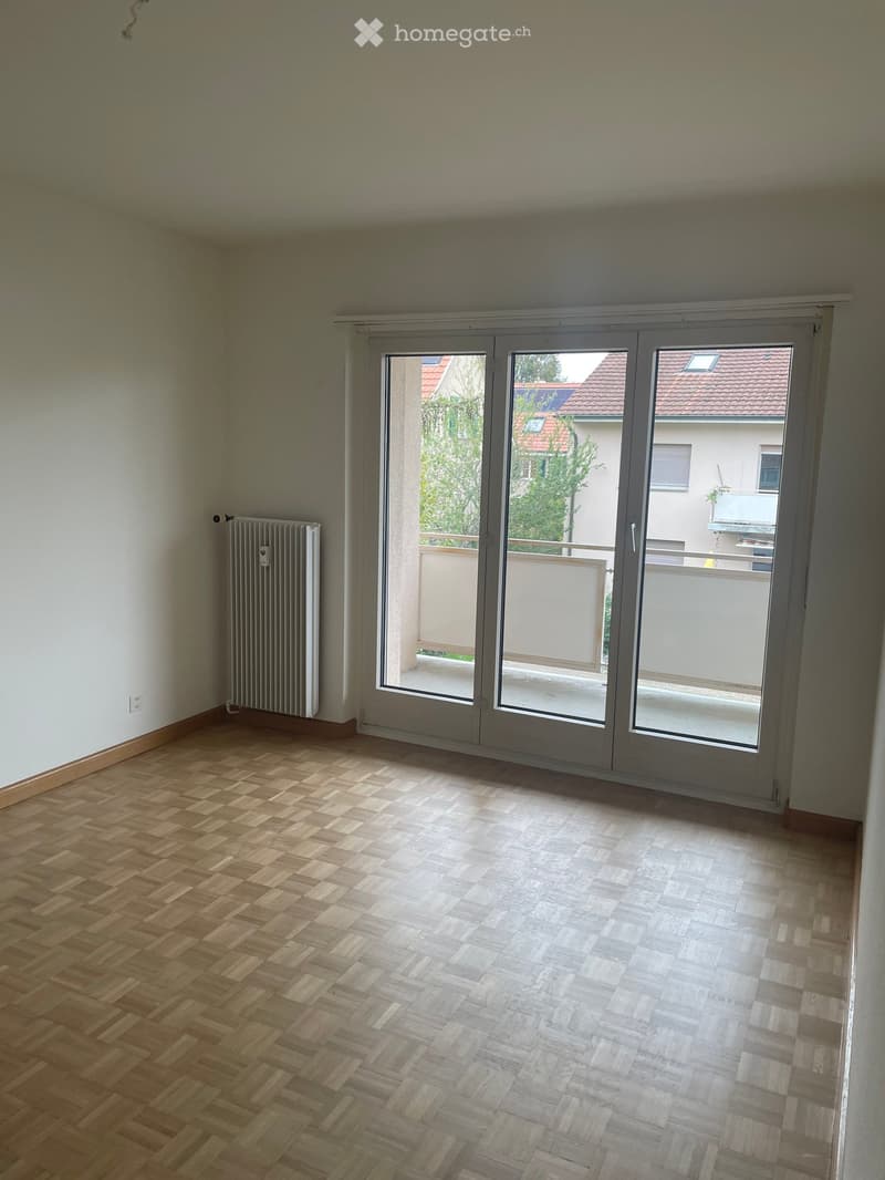 Empty room with wooden herringbone flooring, white walls, radiator, and large sliding glass door leading to a balcony.