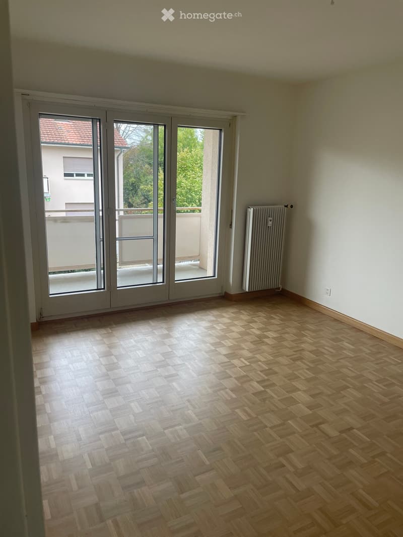 Empty room with wooden herringbone flooring, large sliding glass doors leading to a balcony, radiator on one wall, and visible electrical outlet.
