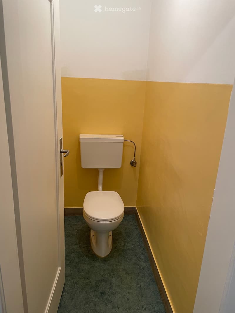 Small bathroom with a toilet, yellow lower half walls, and grey carpeted floor.