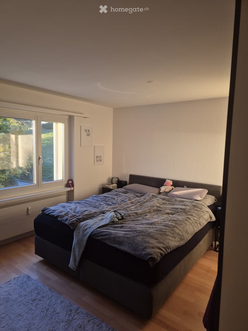 Modern bedroom with a large bed, nightstand, mirror, and decorative picture frames. The room features wooden flooring and large windows with a view of greenery.