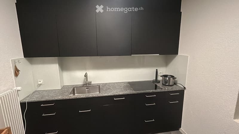Modern kitchen with black cabinets, granite countertop, stainless steel sink, and small electric stove.