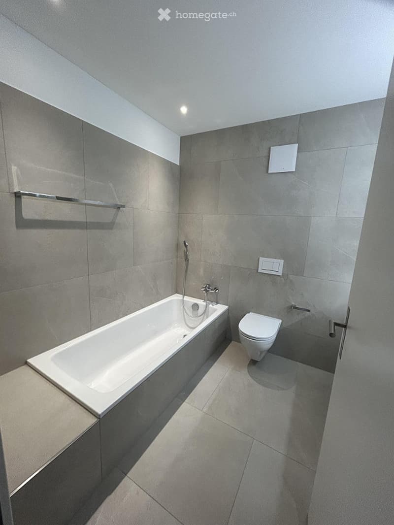 Modern bathroom with a bathtub, toilet, showerhead, and a shelf on the wall.