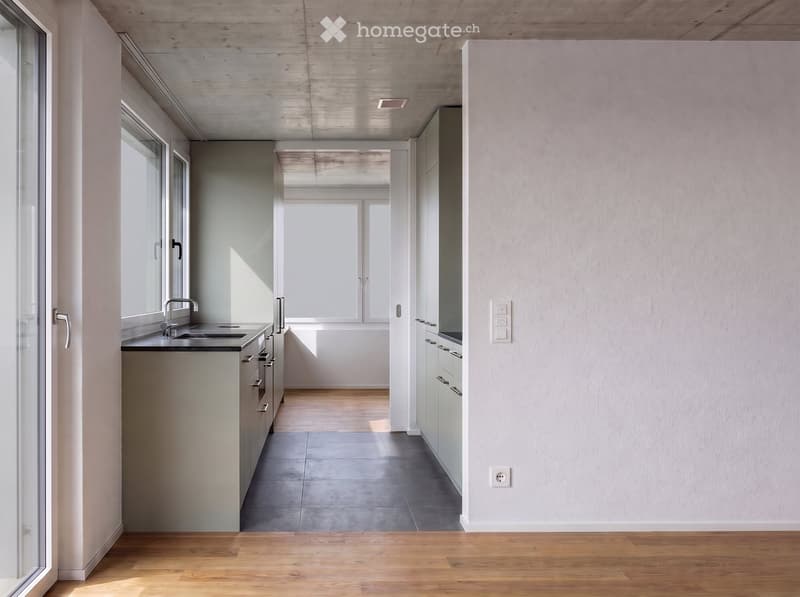 Empty hallway with wooden flooring, white walls, and large windows allowing natural light. The space features a sink area with cabinets and a countertop, but no furniture or personal items are present.