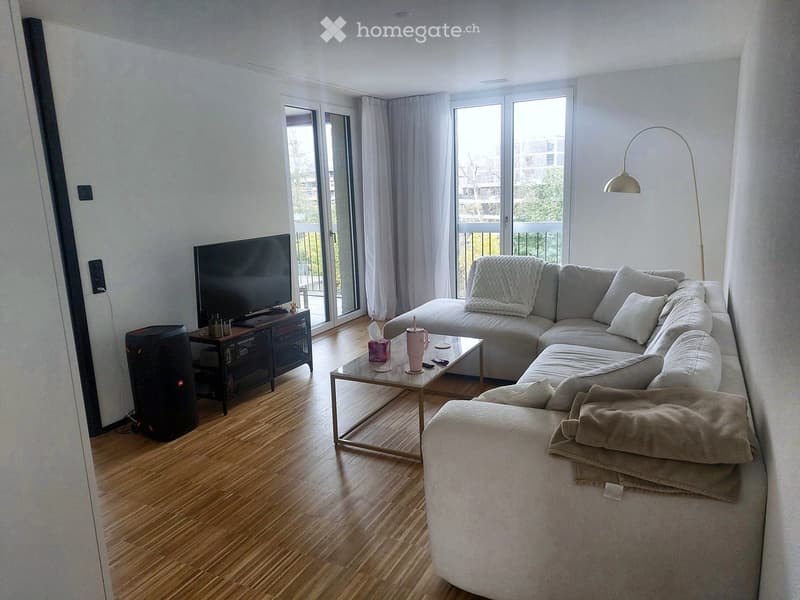 Modern living room with light-colored wooden flooring, large windows, and a balcony. Features a grey sectional sofa, a glass coffee table, a television on a stand, and a floor lamp.