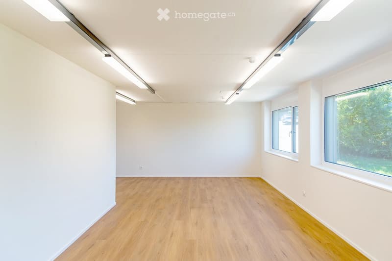 Empty room with white walls, light wooden flooring, and large windows allowing natural light. No furniture or equipment is present.