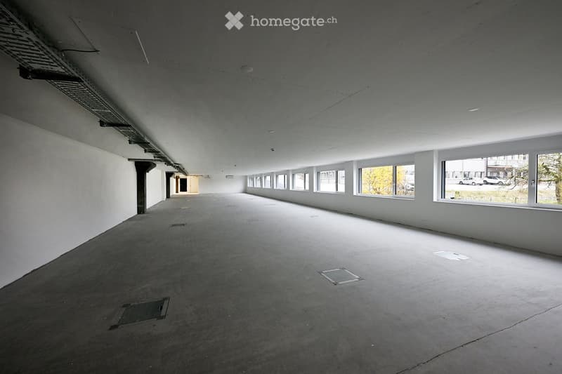 Concrete floor, white walls, windows with metal grills