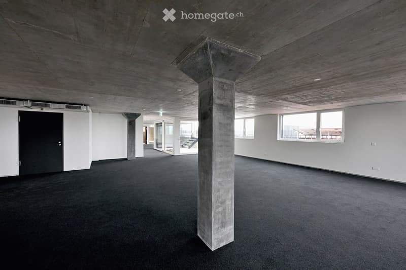 Empty room with gray concrete pillar, carpeted floor, white walls, windows, and doors