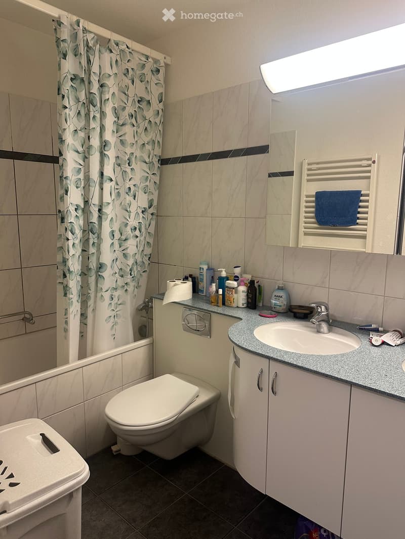 Modern bathroom with a toilet, sink, mirror, and cabinet. The sink has a faucet and is topped with a countertop holding various toiletries. A shower curtain with a leafy pattern is visible, and a towel rack with a blue towel is mounted on the wall.