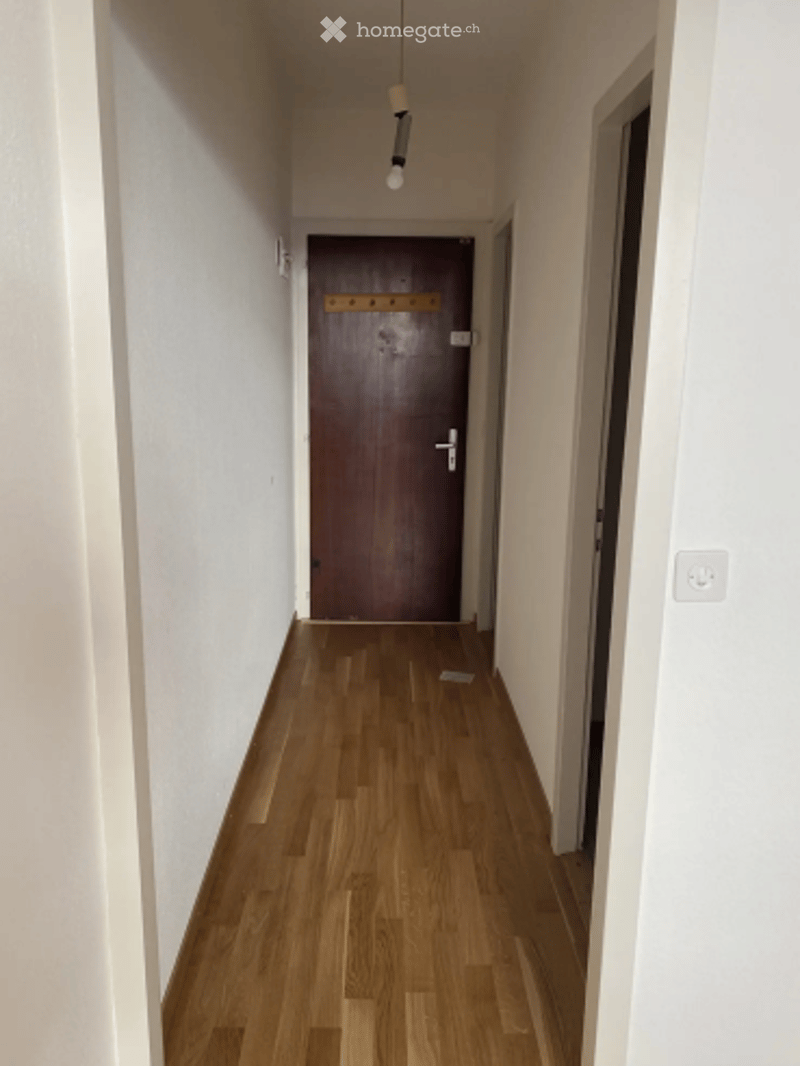 Empty hallway with wooden flooring, white walls, and a closed wooden door at the end.