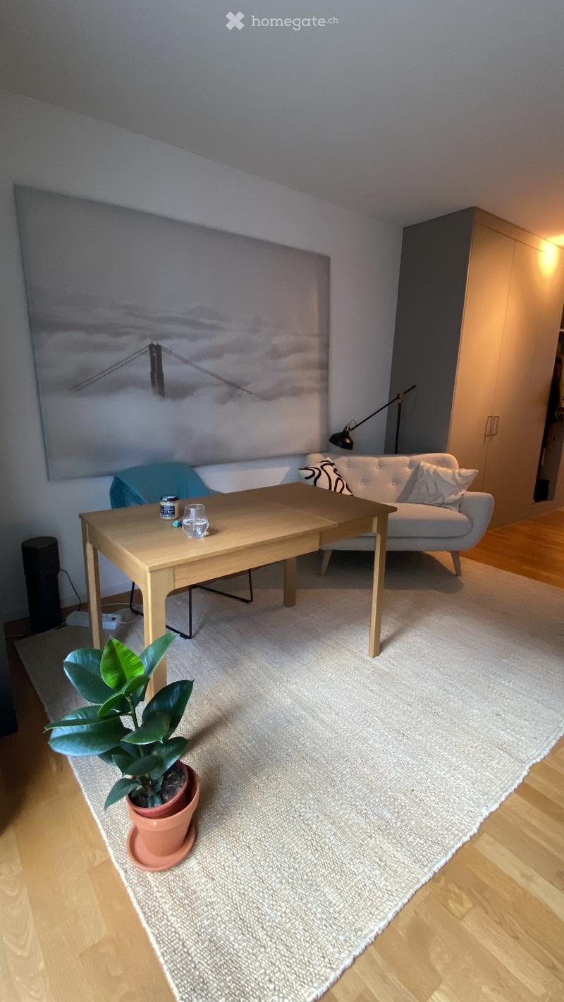 Modern living room with a light grey sofa, wooden coffee table, potted plant, and a floor lamp. The room features a large abstract painting on the wall and a cream-colored rug on the wooden floor.