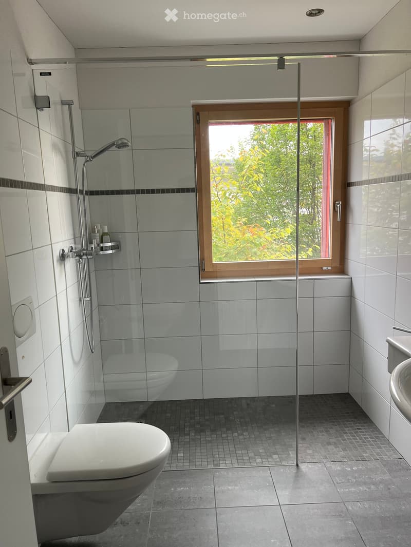 Modern bathroom with a toilet, shower area, and sink. Features a large window with a view of greenery, tiled walls, and a glass shower enclosure.