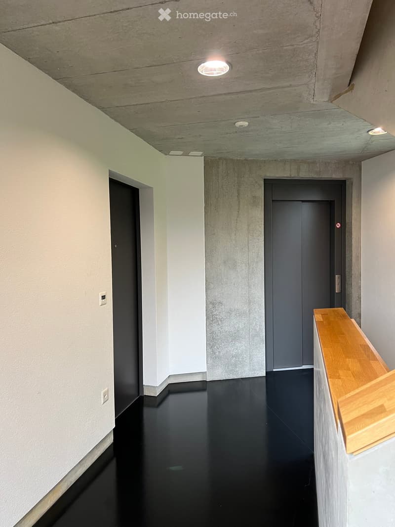 Modern hallway with polished black floor, white and grey walls, elevator, and wooden reception desk.
