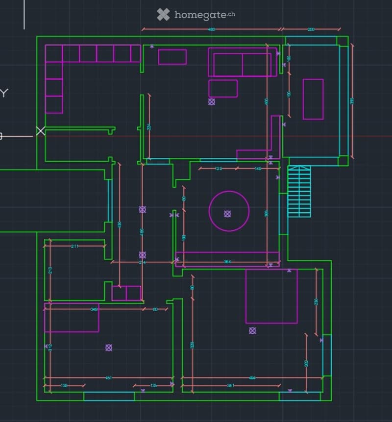 Floor plan of a multi-room residential layout including living room, dining area, kitchen, bedrooms, bathrooms, and hallway.