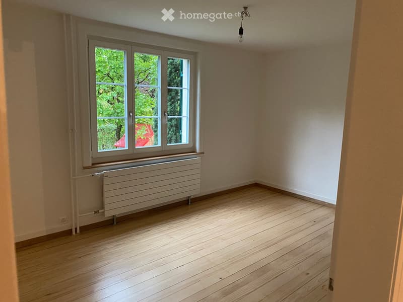Empty room with wooden flooring, white walls, and a large window with a radiator below it.