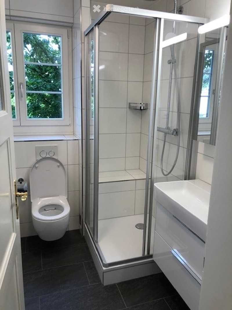Modern bathroom with white tiles, a toilet, a sink with a mirror, and a glass-enclosed shower stall.