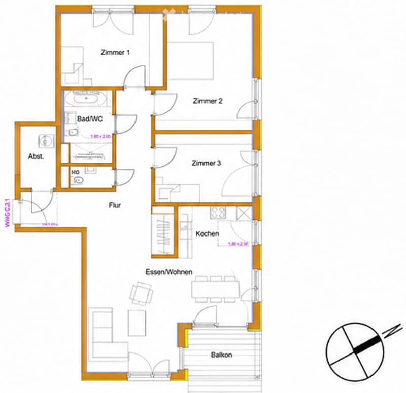 Floor plan of a 3-room apartment with a kitchen, living/dining area, bathroom, and balcony.