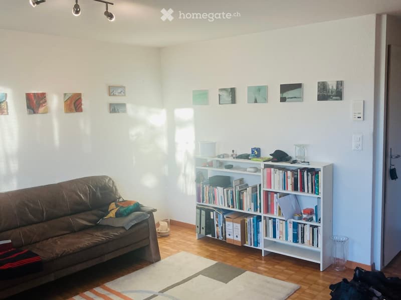 A cozy living room with a brown leather sofa, a white bookshelf filled with books, a patterned rug, and several picture frames on the wall.
